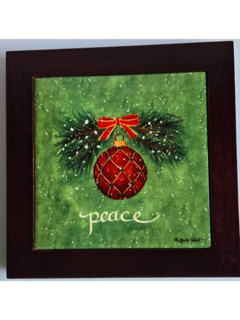 Annie LaPointe Tile Art "Peace"Trivet Wall Hanging 6" Christmas Decor Wood Frame
